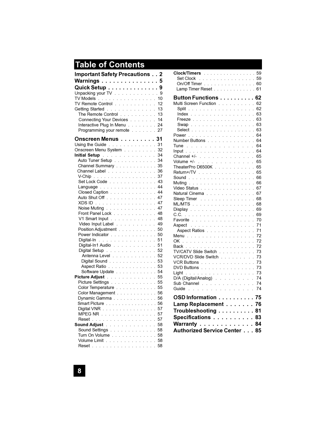 JVC HD-52FA97 manual Table of Contents 