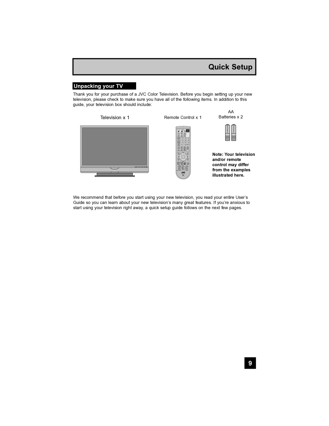 JVC HD-52FA97 manual Quick Setup, Unpacking your TV 