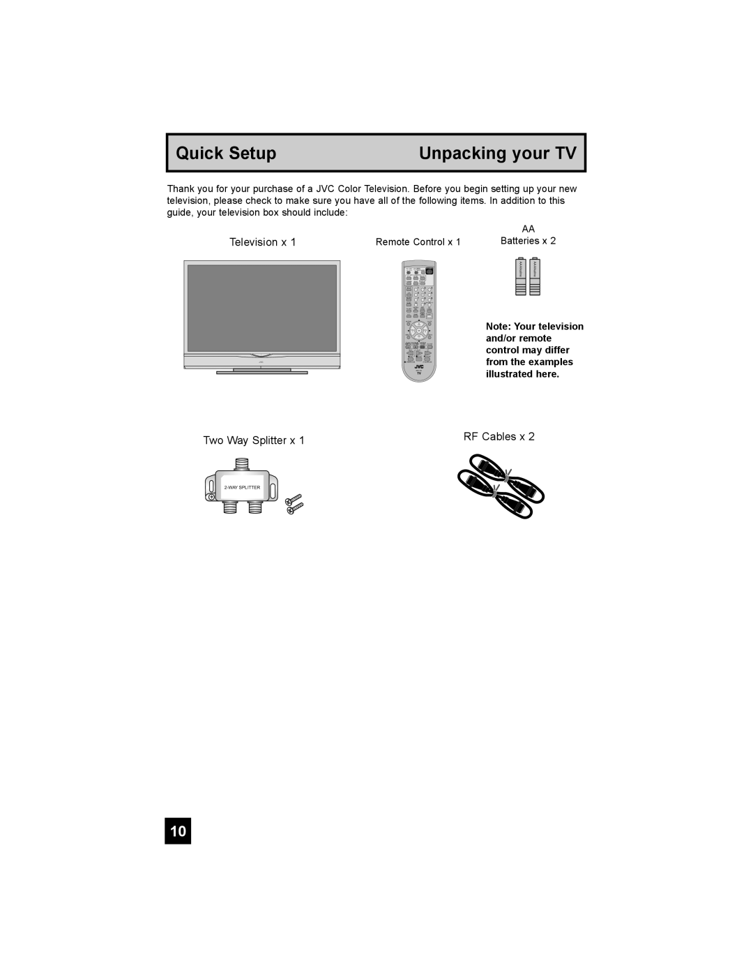 JVC HD-52G456 manual Quick Setup Unpacking your TV 