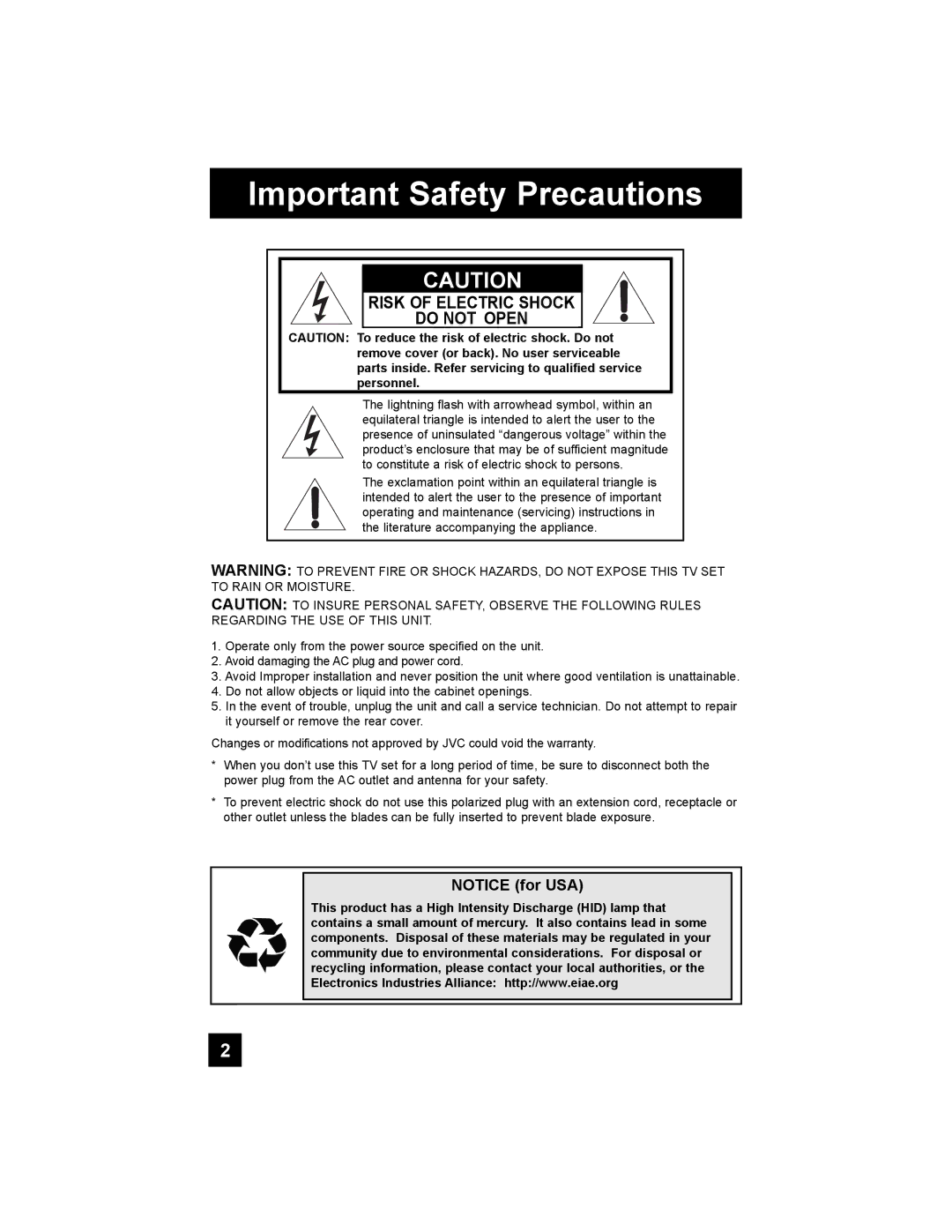 JVC HD-52G456 manual Important Safety Precautions, Risk of Electric Shock Do not Open 