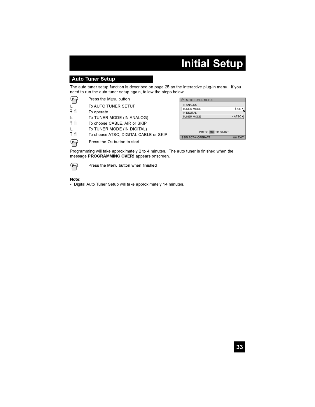 JVC HD-52G456 manual Initial Setup, Auto Tuner Setup 