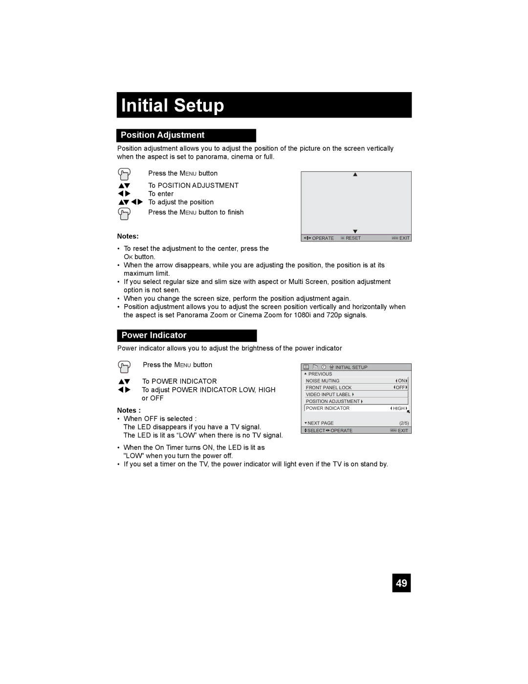 JVC HD-52G456 manual Position Adjustment, Power Indicator 