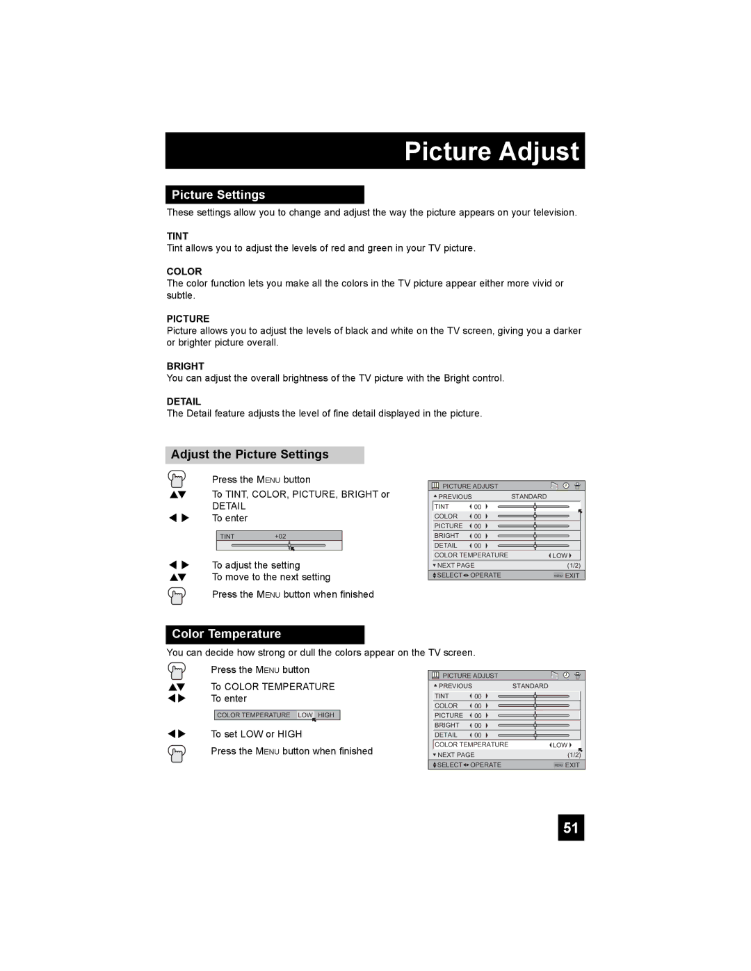 JVC HD-52G456 manual Picture Adjust, Adjust the Picture Settings, Color Temperature 