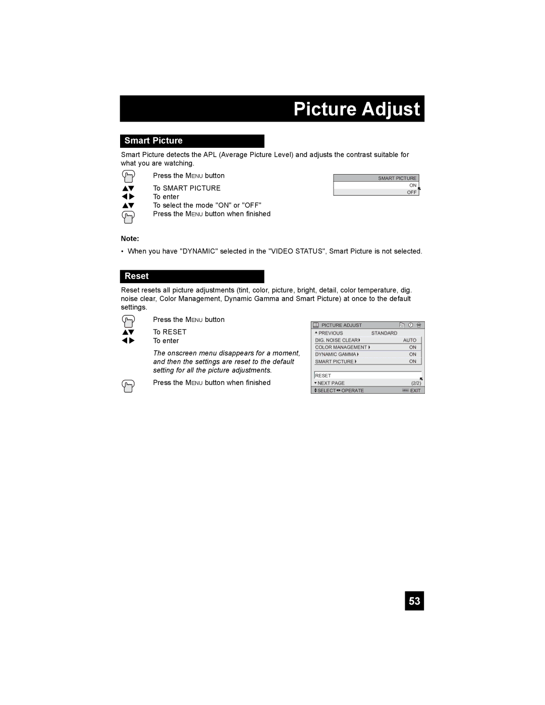 JVC HD-52G456 manual Smart Picture, Reset 