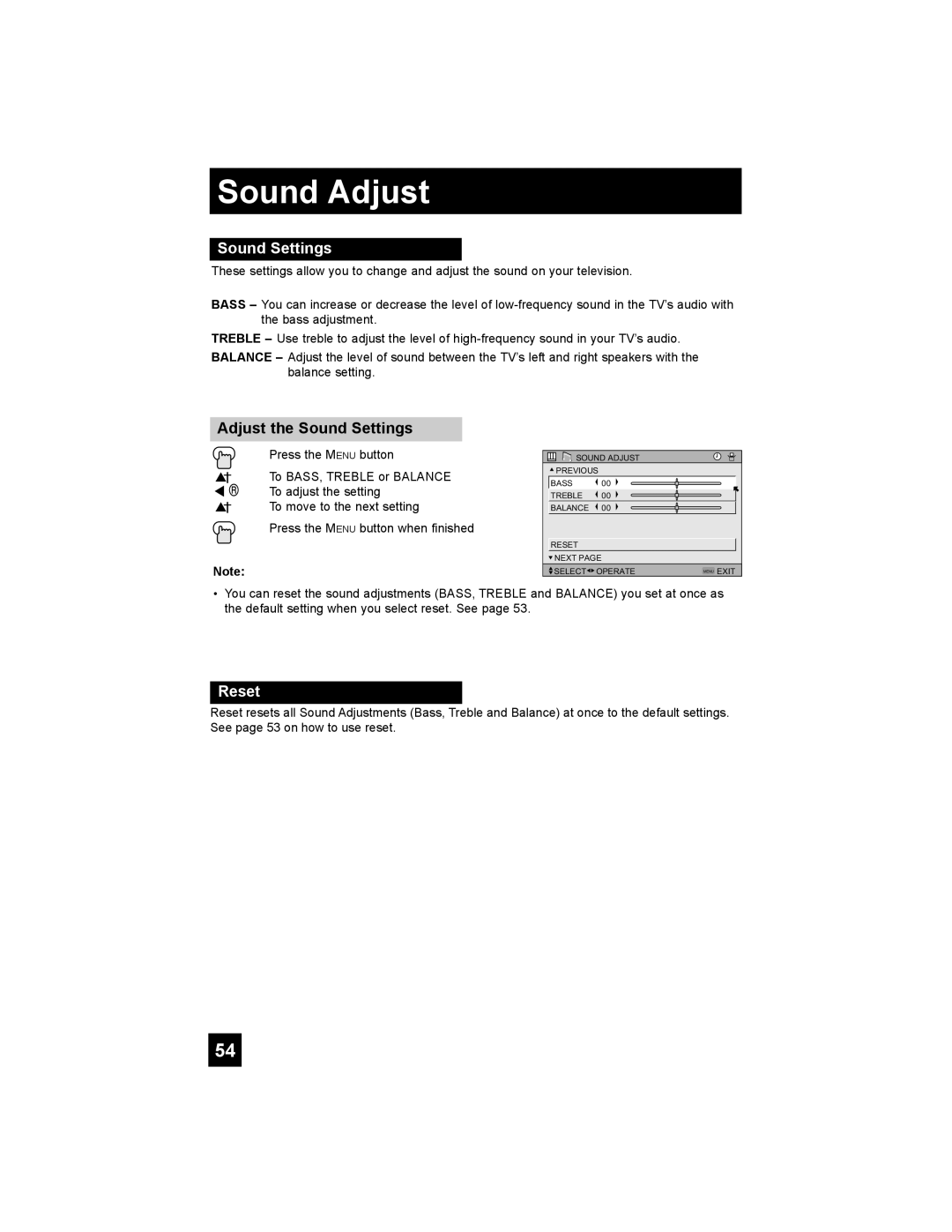 JVC HD-52G456 manual Sound Adjust, Adjust the Sound Settings 