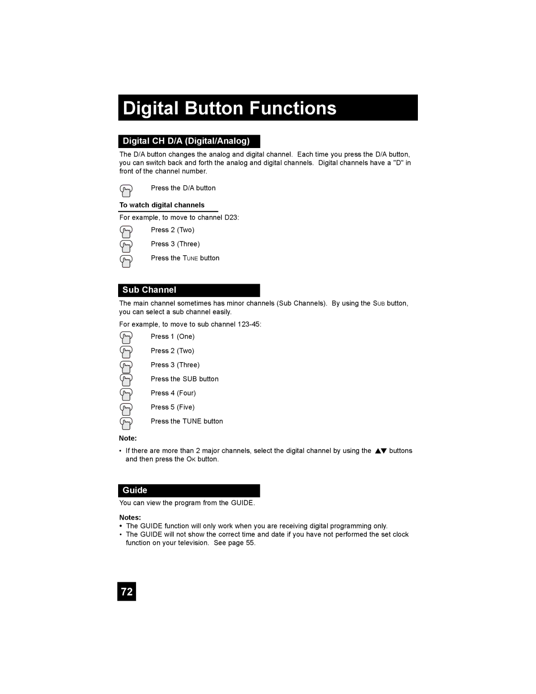 JVC HD-52G456 manual Digital Button Functions, Digital CH D/A Digital/Analog, Sub Channel, Guide, To watch digital channels 