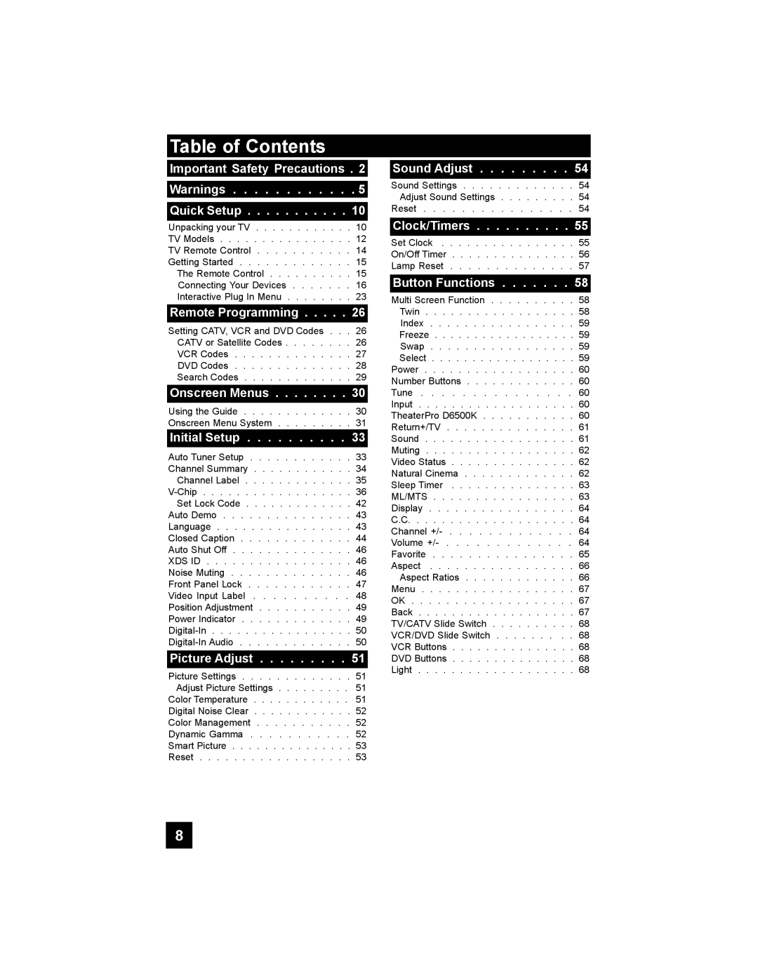 JVC HD-52G456 manual Table of Contents 