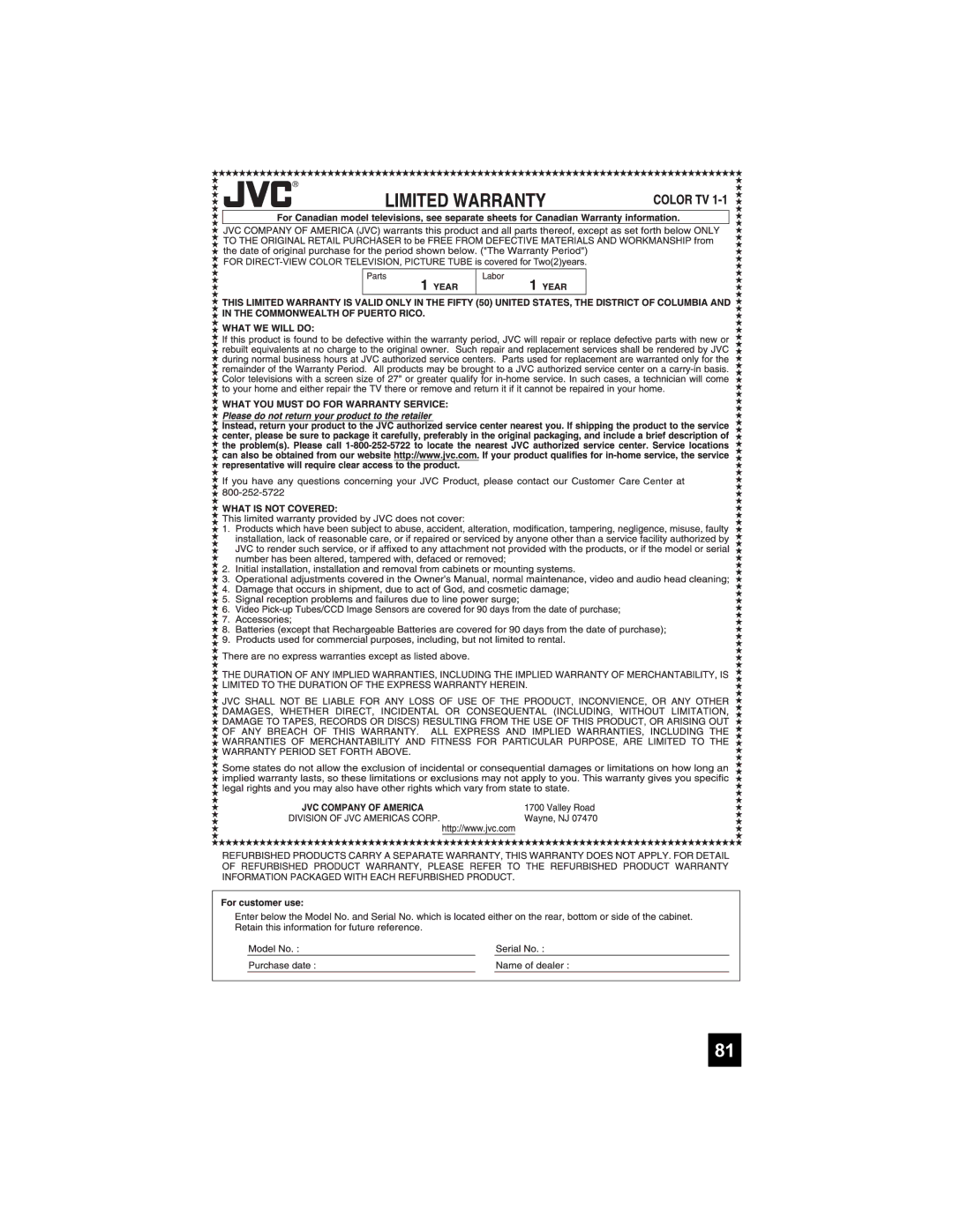 JVC HD-52G456 manual 