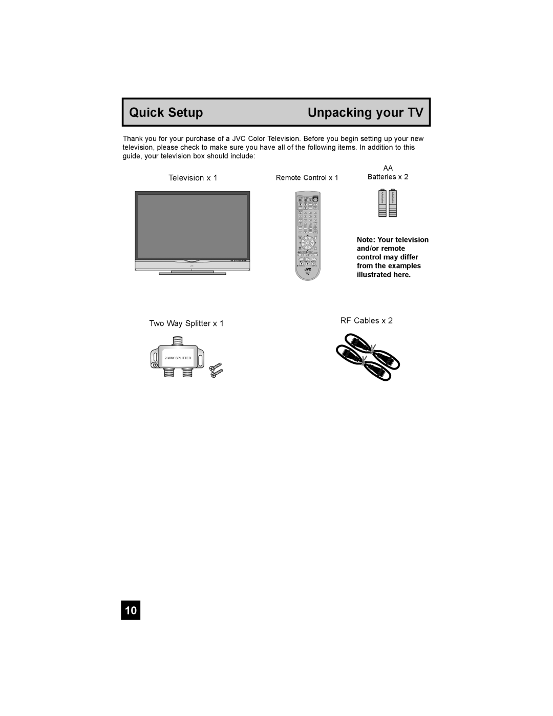 JVC HD-52G786, HD-52G886 manual Quick Setup Unpacking your TV 