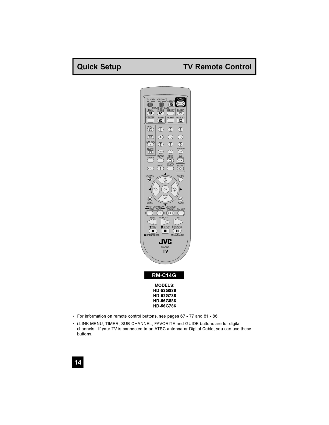 JVC manual Quick Setup TV Remote Control, HD-52G886 HD-52G786 HD-56G886 HD-56G786 