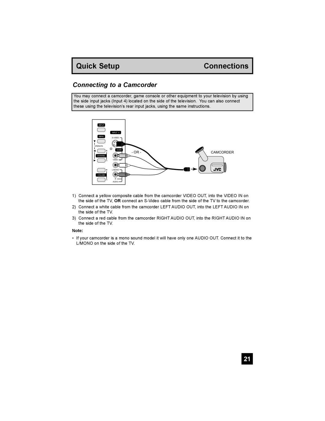 JVC HD-52G886, HD-52G786 manual Connecting to a Camcorder 