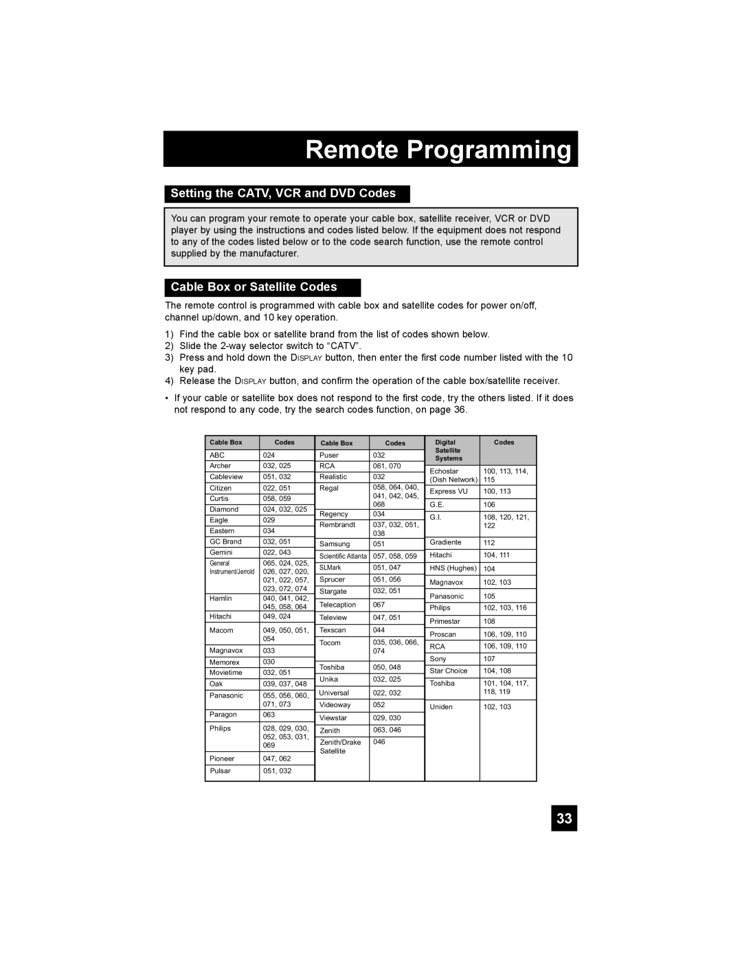 JVC HD-52G886, HD-52G786 manual Remote Programming, Setting the CATV, VCR and DVD Codes, Cable Box or Satellite Codes 