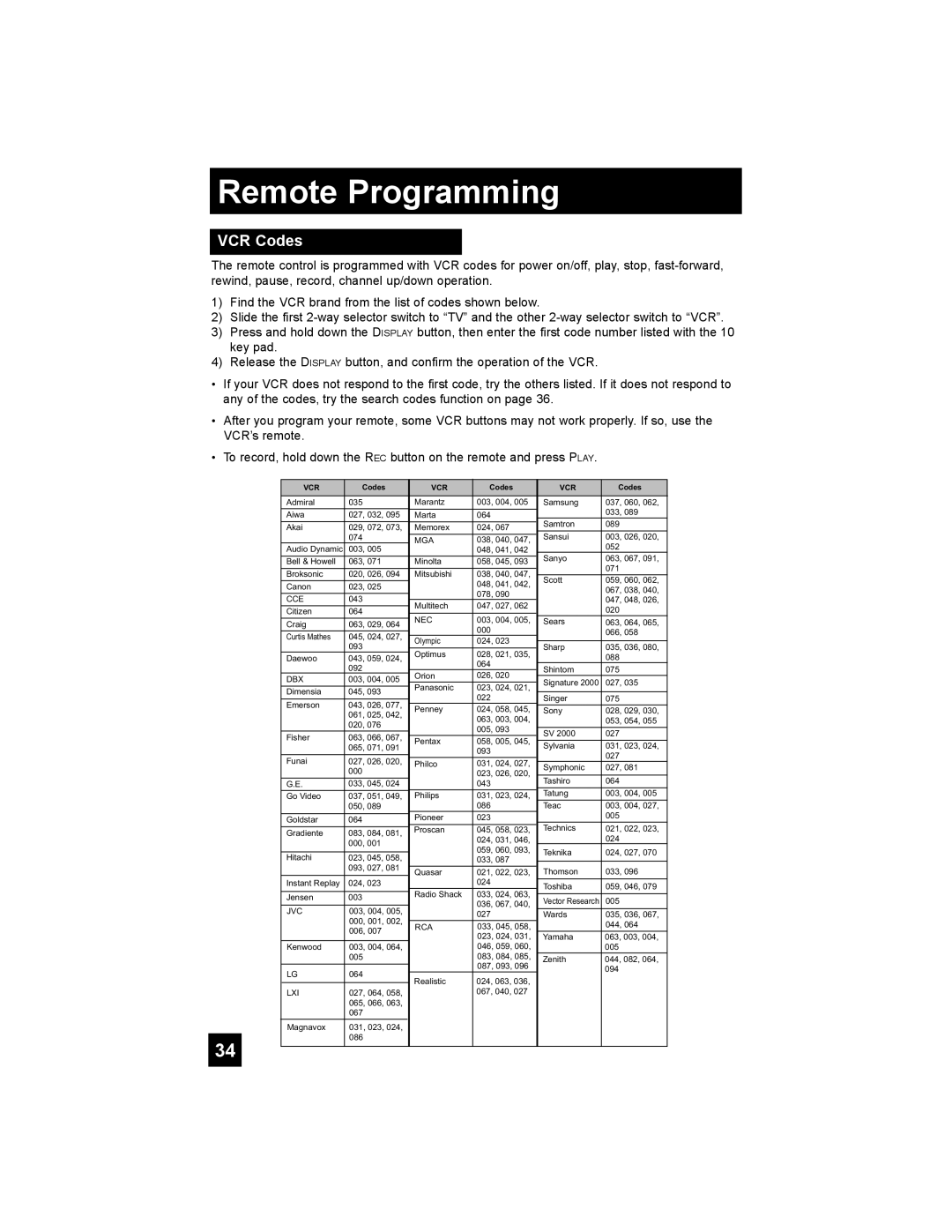 JVC HD-52G786, HD-52G886 manual VCR Codes, Mga 