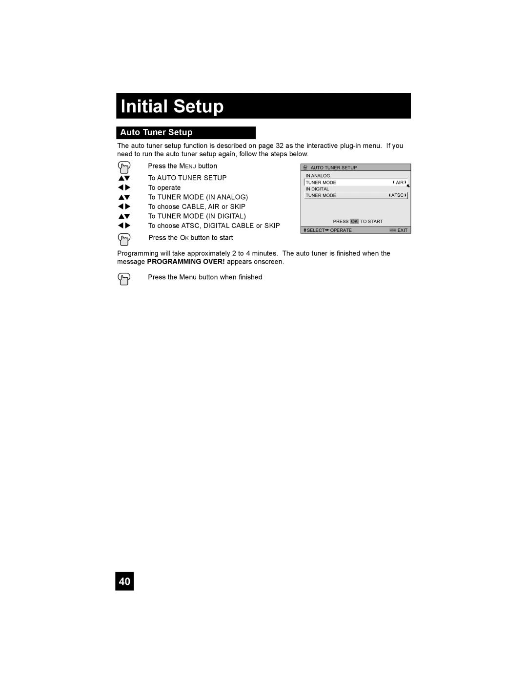 JVC HD-52G786, HD-52G886 manual Initial Setup, Auto Tuner Setup 