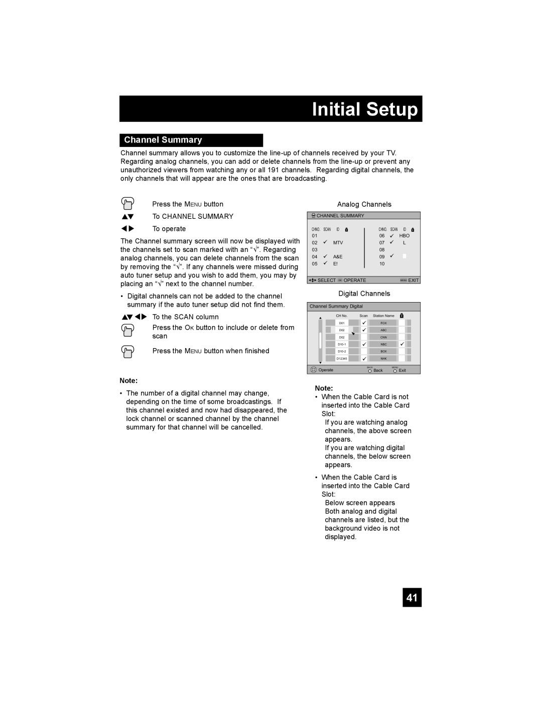 JVC HD-52G886, HD-52G786 manual Channel Summary, Digital Channels 