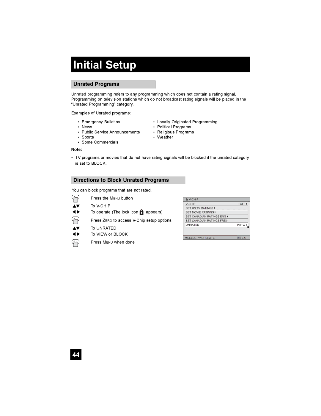 JVC HD-52G786, HD-52G886 manual Directions to Block Unrated Programs 