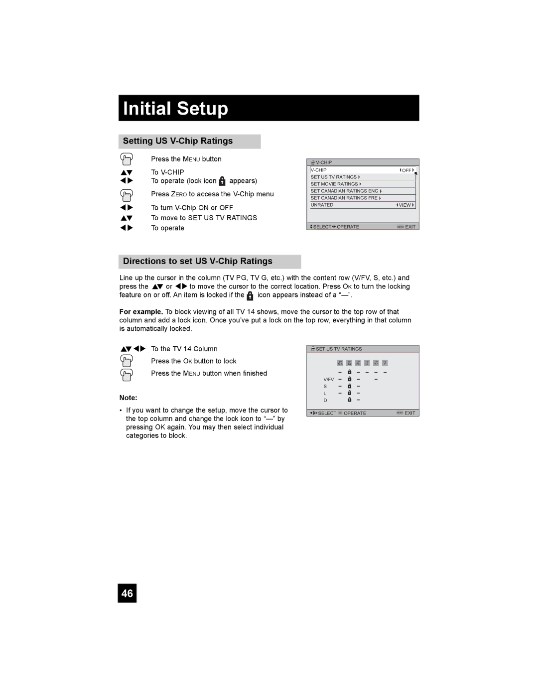 JVC HD-52G786, HD-52G886 manual Setting US V-Chip Ratings, Directions to set US V-Chip Ratings 