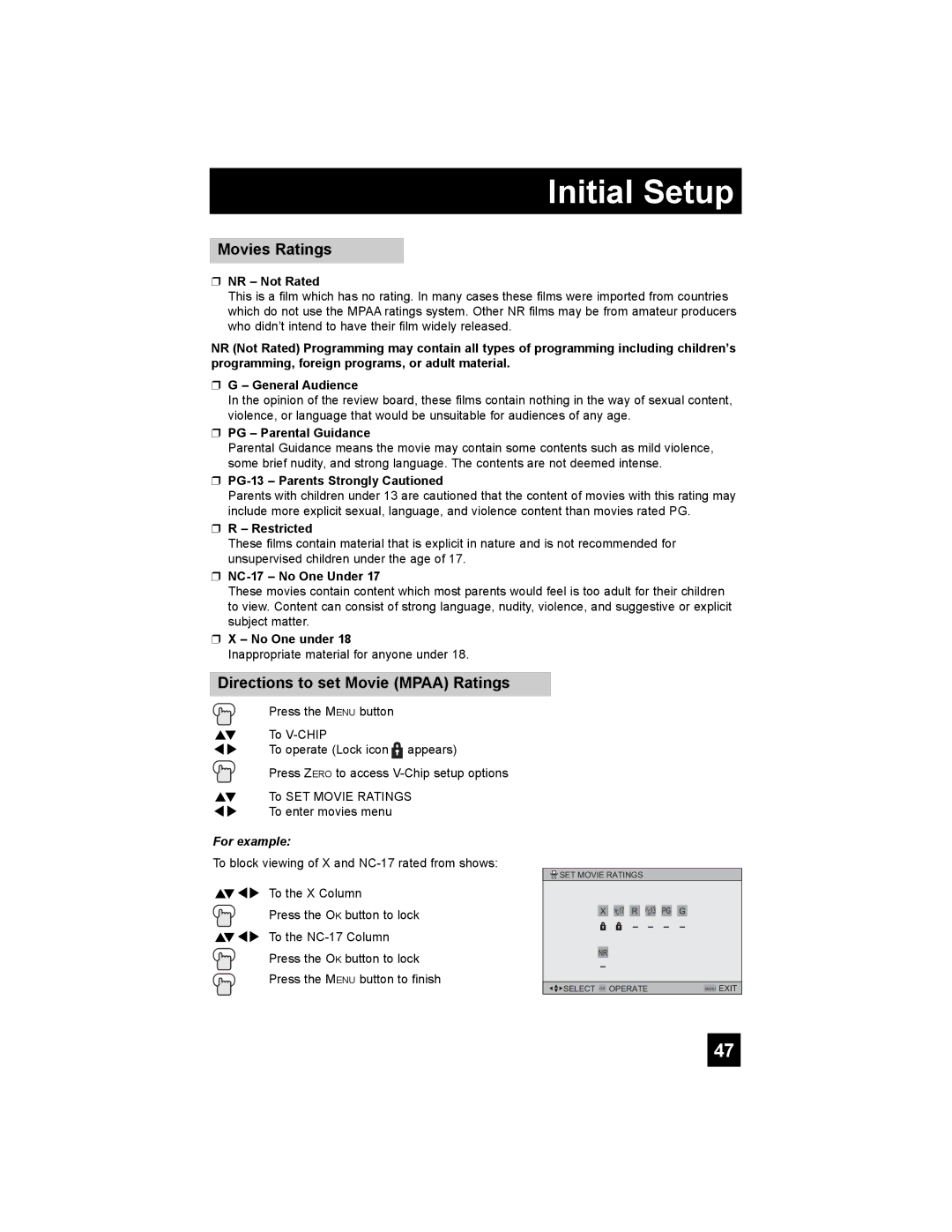 JVC HD-52G886, HD-52G786 manual Movies Ratings, Directions to set Movie Mpaa Ratings 