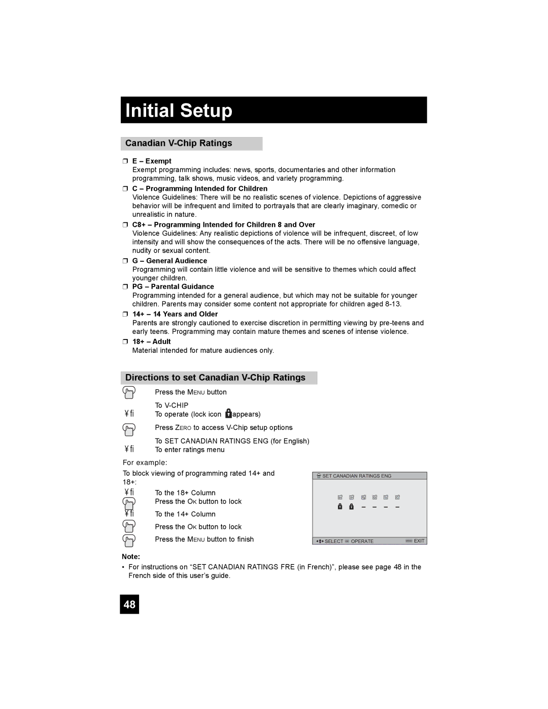 JVC HD-52G786, HD-52G886 manual Directions to set Canadian V-Chip Ratings 