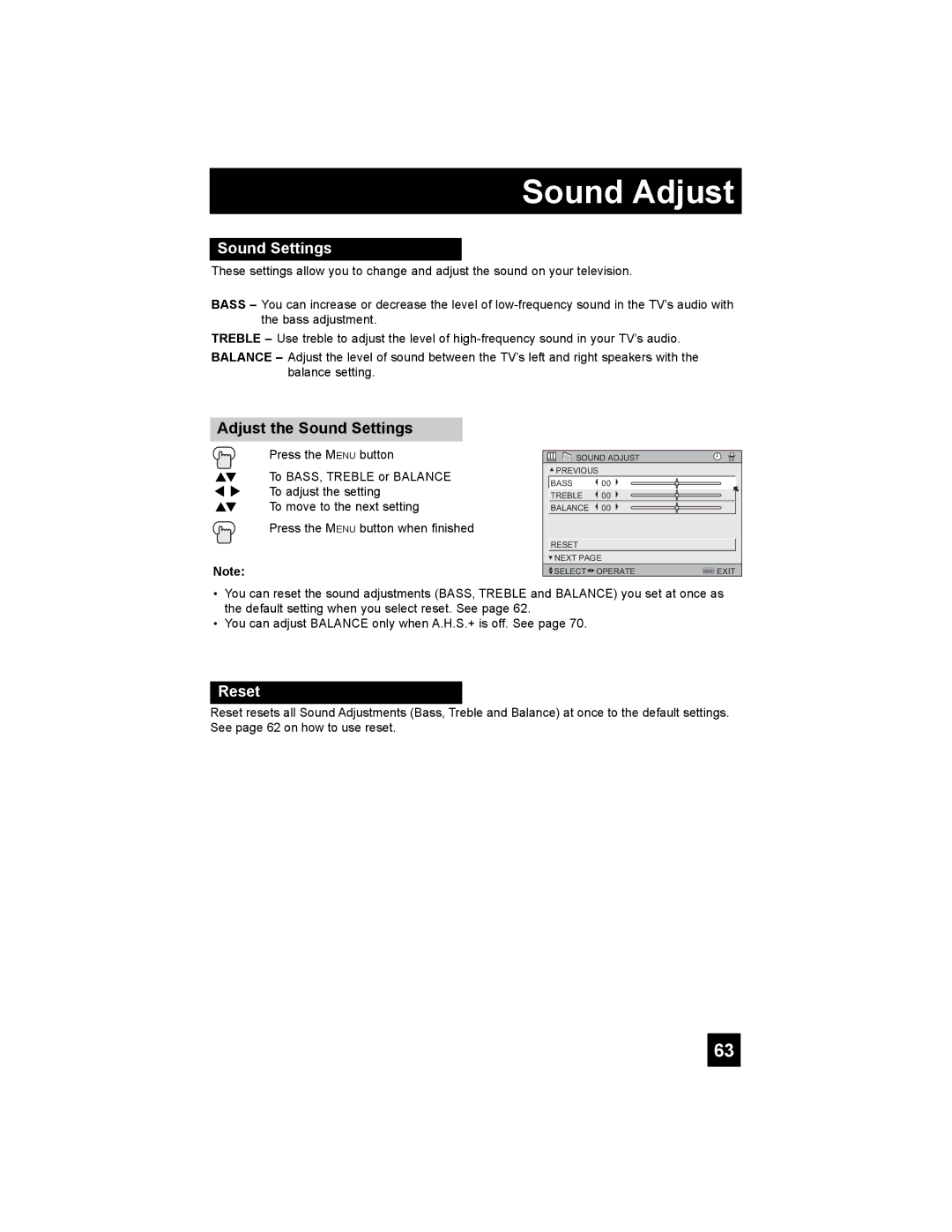 JVC HD-52G886, HD-52G786 manual Sound Adjust, Adjust the Sound Settings 