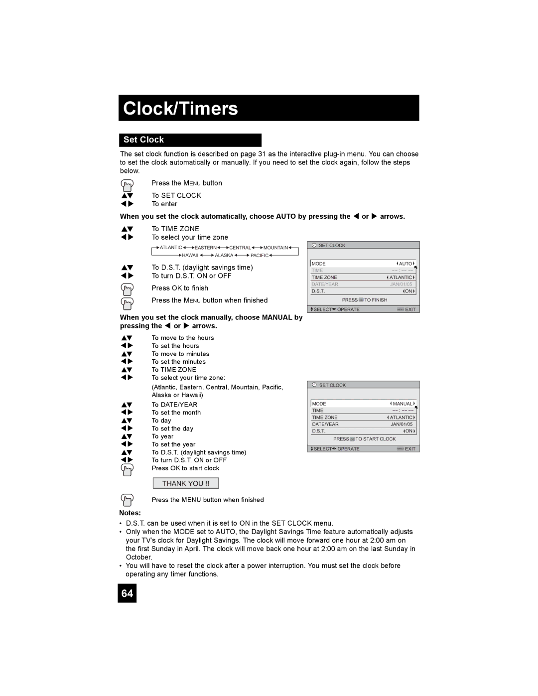 JVC HD-52G786, HD-52G886 manual Clock/Timers, Set Clock 