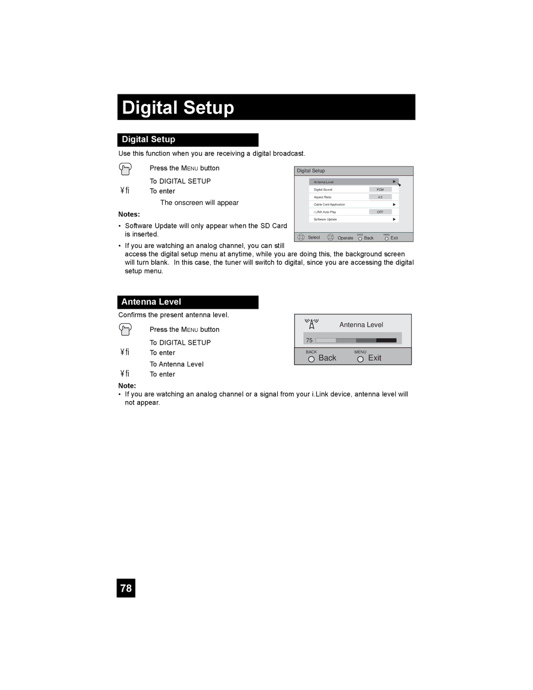 JVC HD-52G786, HD-52G886 manual Digital Setup, Antenna Level 