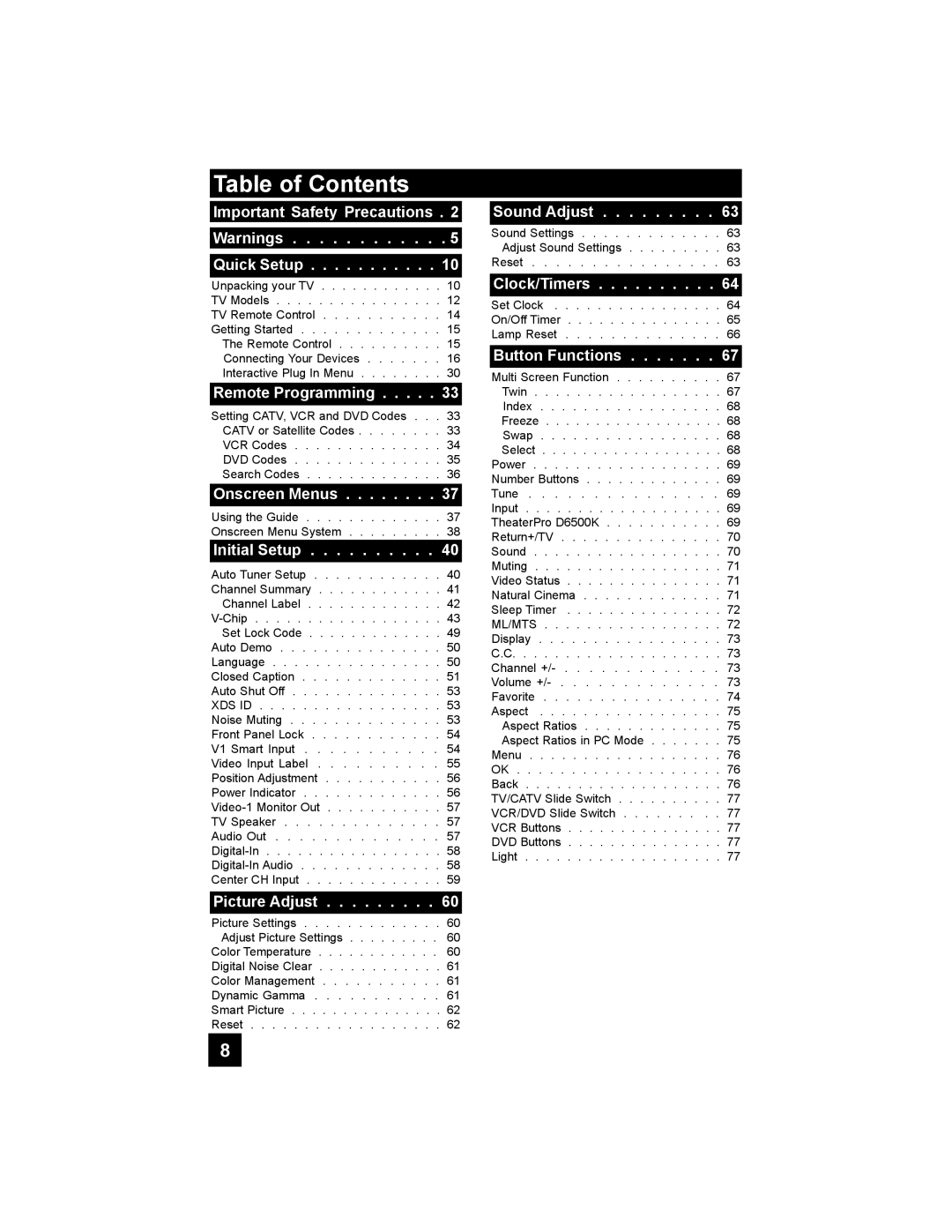 JVC HD-52G786, HD-52G886 manual Table of Contents 