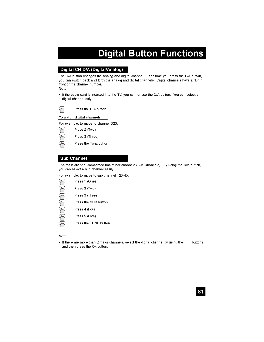 JVC HD-52G886, HD-52G786 Digital Button Functions, Digital CH D/A Digital/Analog, Sub Channel, To watch digital channels 