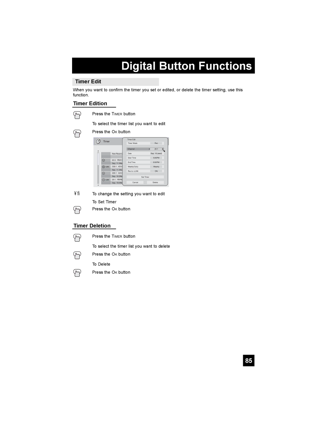 JVC HD-52G886, HD-52G786 manual Timer Edition, Timer Deletion 