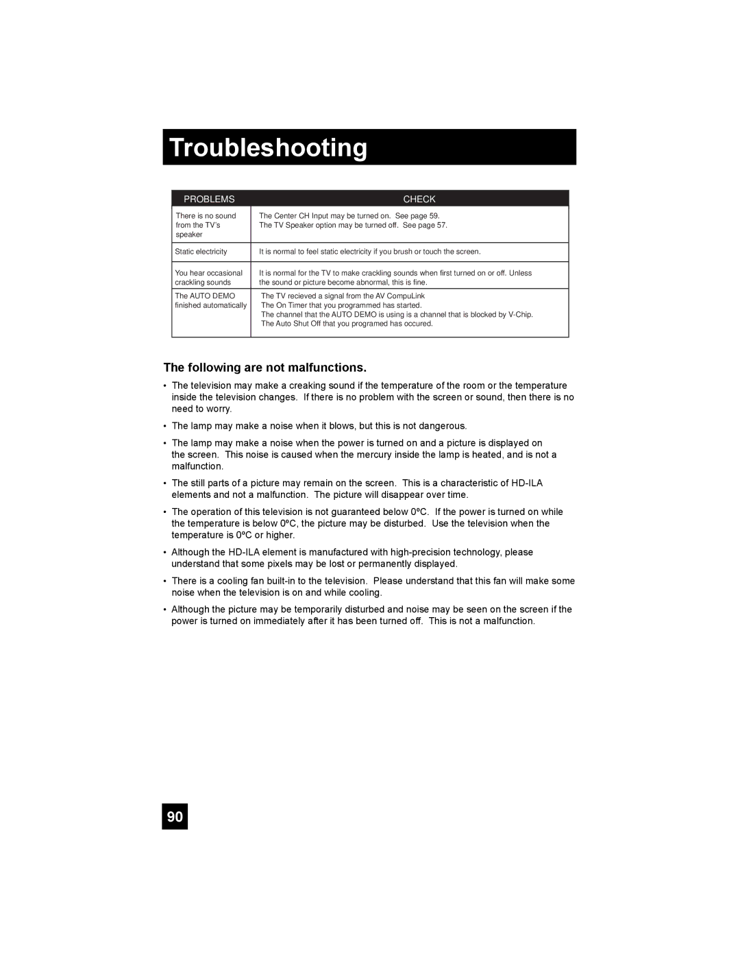 JVC HD-52G786, HD-52G886 manual Troubleshooting, Following are not malfunctions 