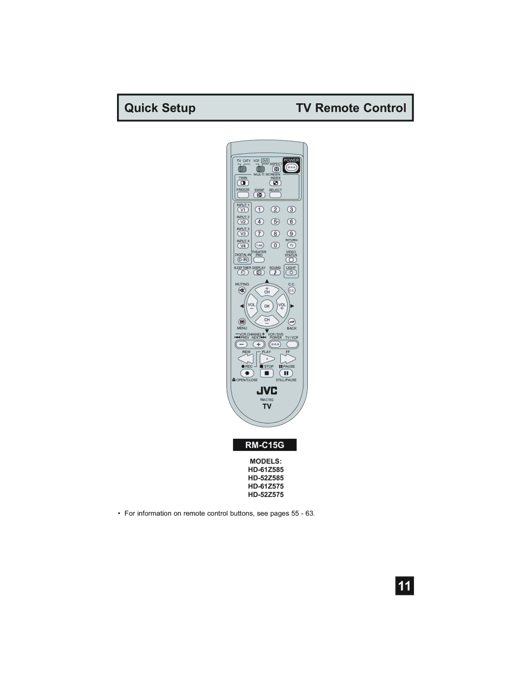 JVC HD-61Z575, HD-52Z575, HD-52Z585, HD-61Z585 manual Quick Setup TV Remote Control 