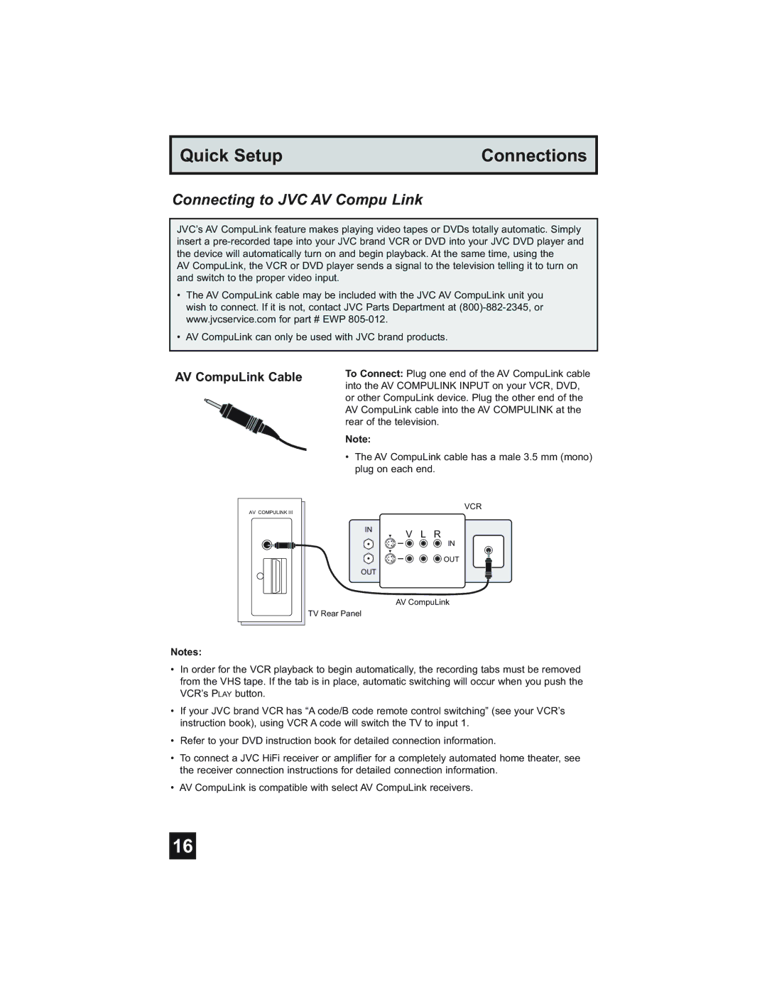 JVC HD-52Z575, HD-52Z585, HD-61Z585, HD-61Z575 manual Connecting to JVC AV Compu Link, AV CompuLink Cable 