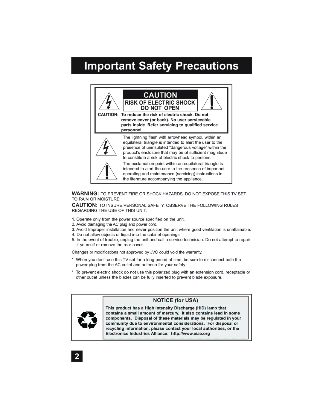 JVC HD-61Z585, HD-52Z575, HD-52Z585, HD-61Z575 manual Important Safety Precautions, Risk of Electric Shock Do not Open 