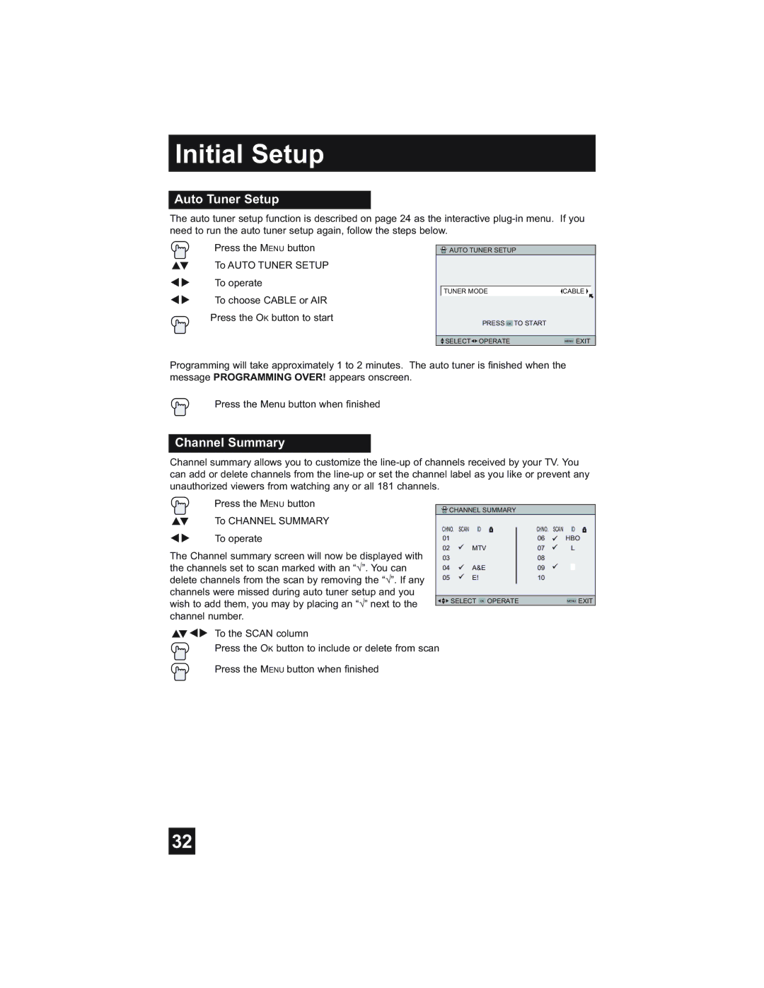 JVC HD-52Z575, HD-52Z585, HD-61Z585, HD-61Z575 manual Initial Setup, Auto Tuner Setup, Channel Summary 