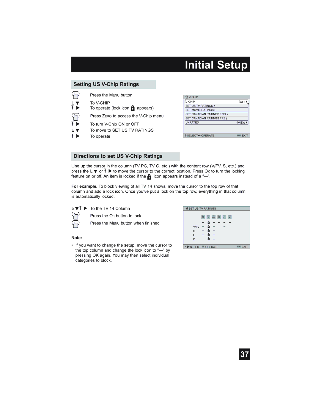 JVC HD-52Z585, HD-52Z575, HD-61Z585, HD-61Z575 manual Setting US V-Chip Ratings, Directions to set US V-Chip Ratings 