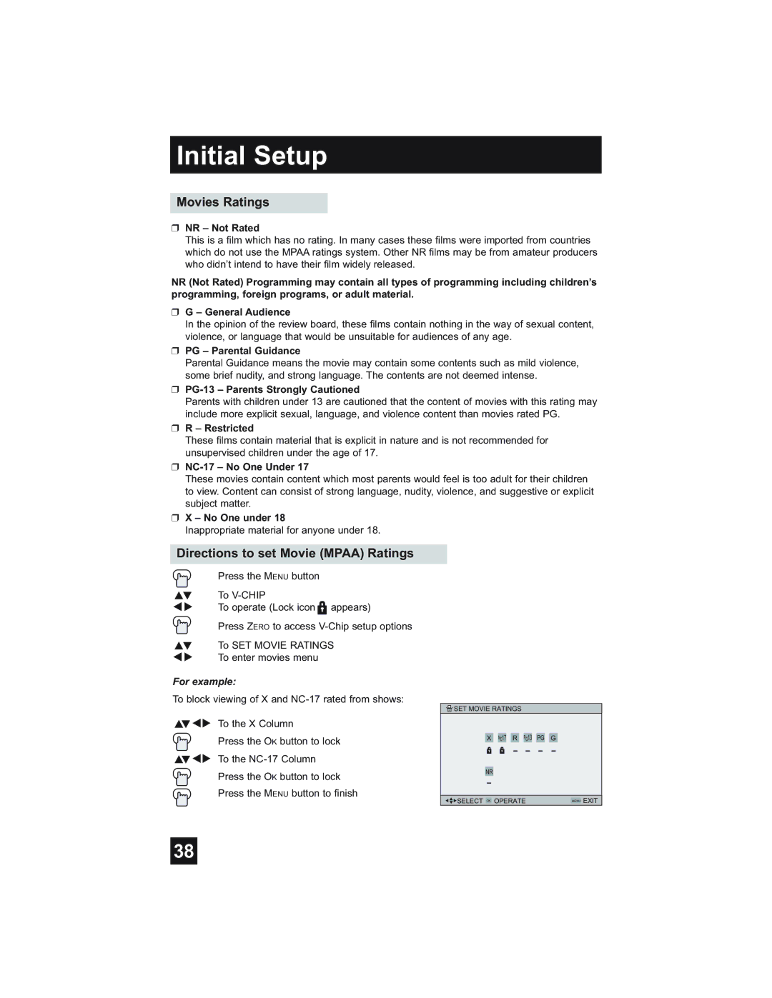 JVC HD-61Z585, HD-52Z575, HD-52Z585, HD-61Z575 manual Movies Ratings, Directions to set Movie Mpaa Ratings 