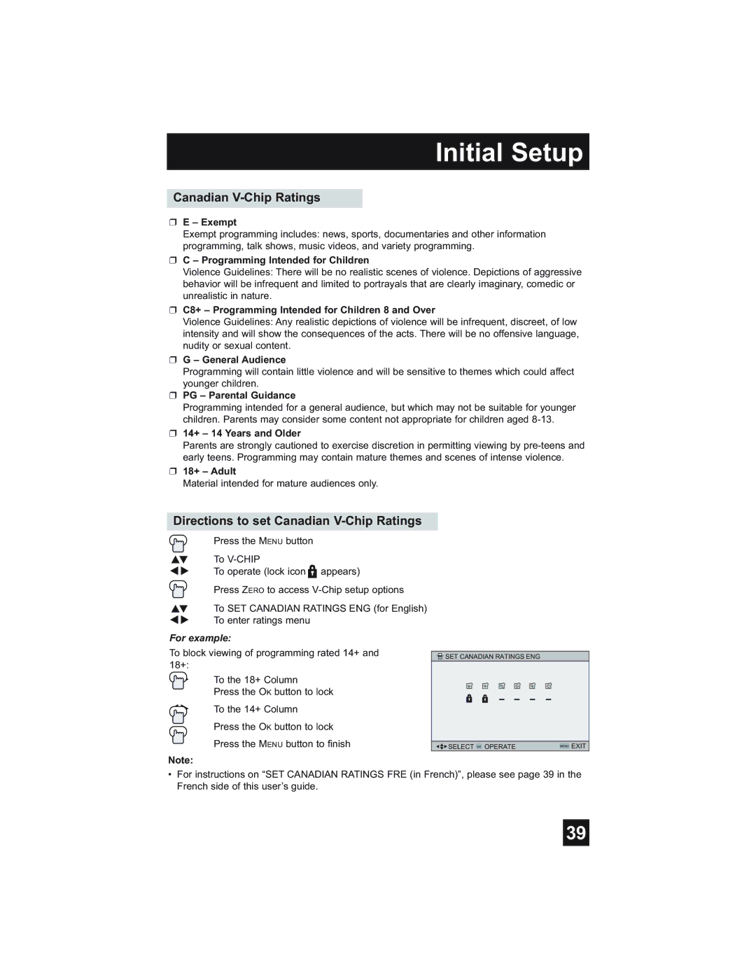 JVC HD-61Z575, HD-52Z575, HD-52Z585, HD-61Z585 manual Directions to set Canadian V-Chip Ratings 