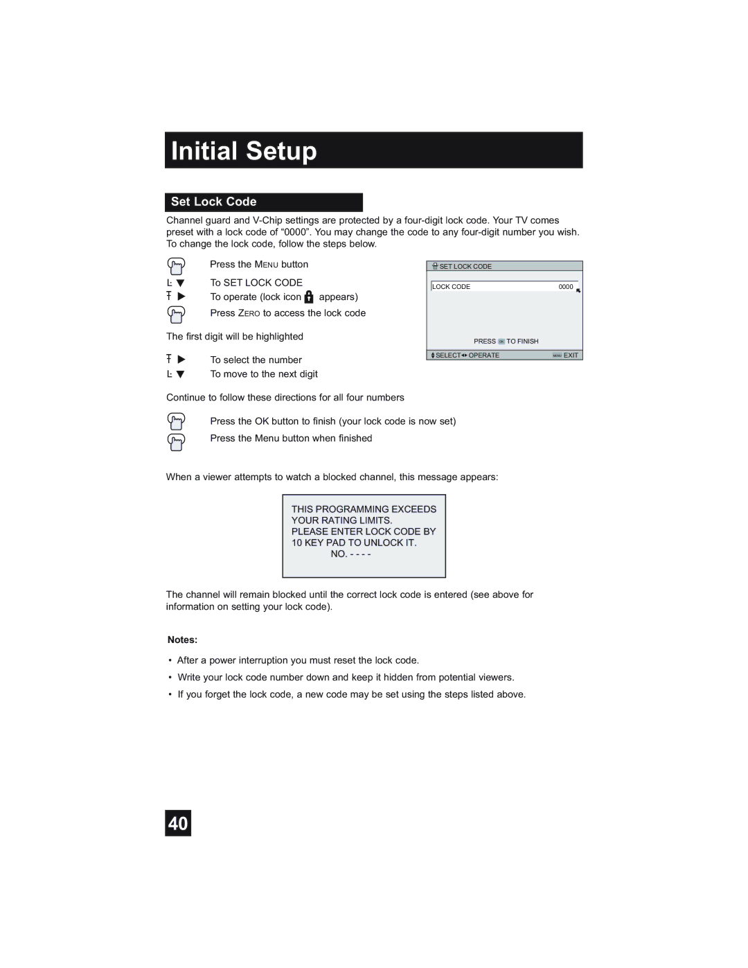 JVC HD-52Z575, HD-52Z585, HD-61Z585, HD-61Z575 manual Set Lock Code 