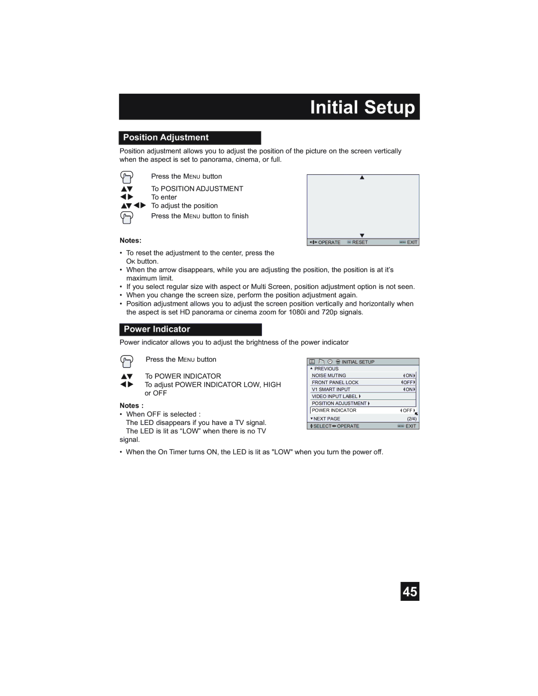 JVC HD-52Z585, HD-52Z575, HD-61Z585, HD-61Z575 manual Position Adjustment, Power Indicator 