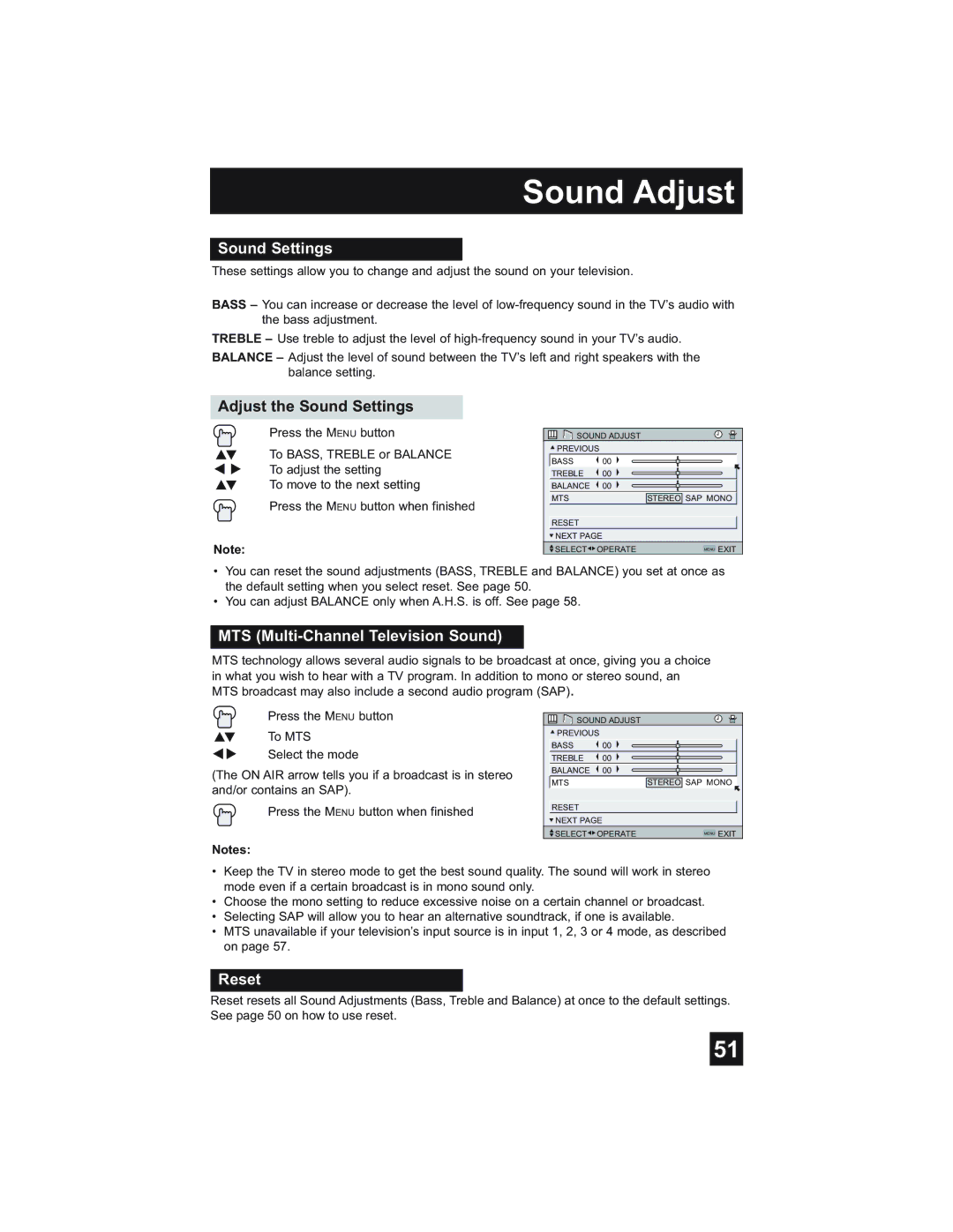 JVC HD-61Z575, HD-52Z575, HD-52Z585 manual Sound Adjust, Adjust the Sound Settings, MTS Multi-Channel Television Sound 