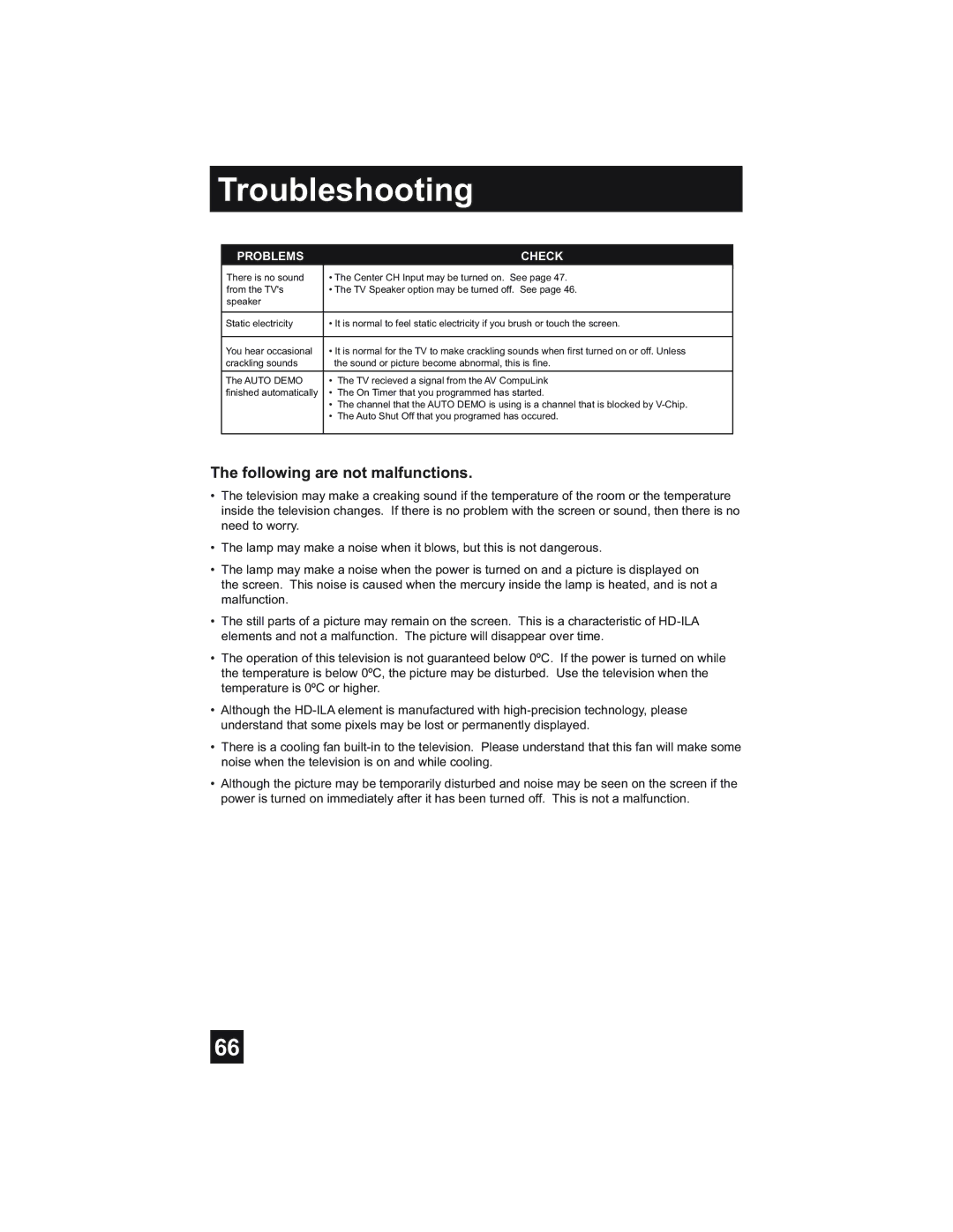 JVC HD-61Z585, HD-52Z575, HD-52Z585, HD-61Z575 manual Troubleshooting, Following are not malfunctions 