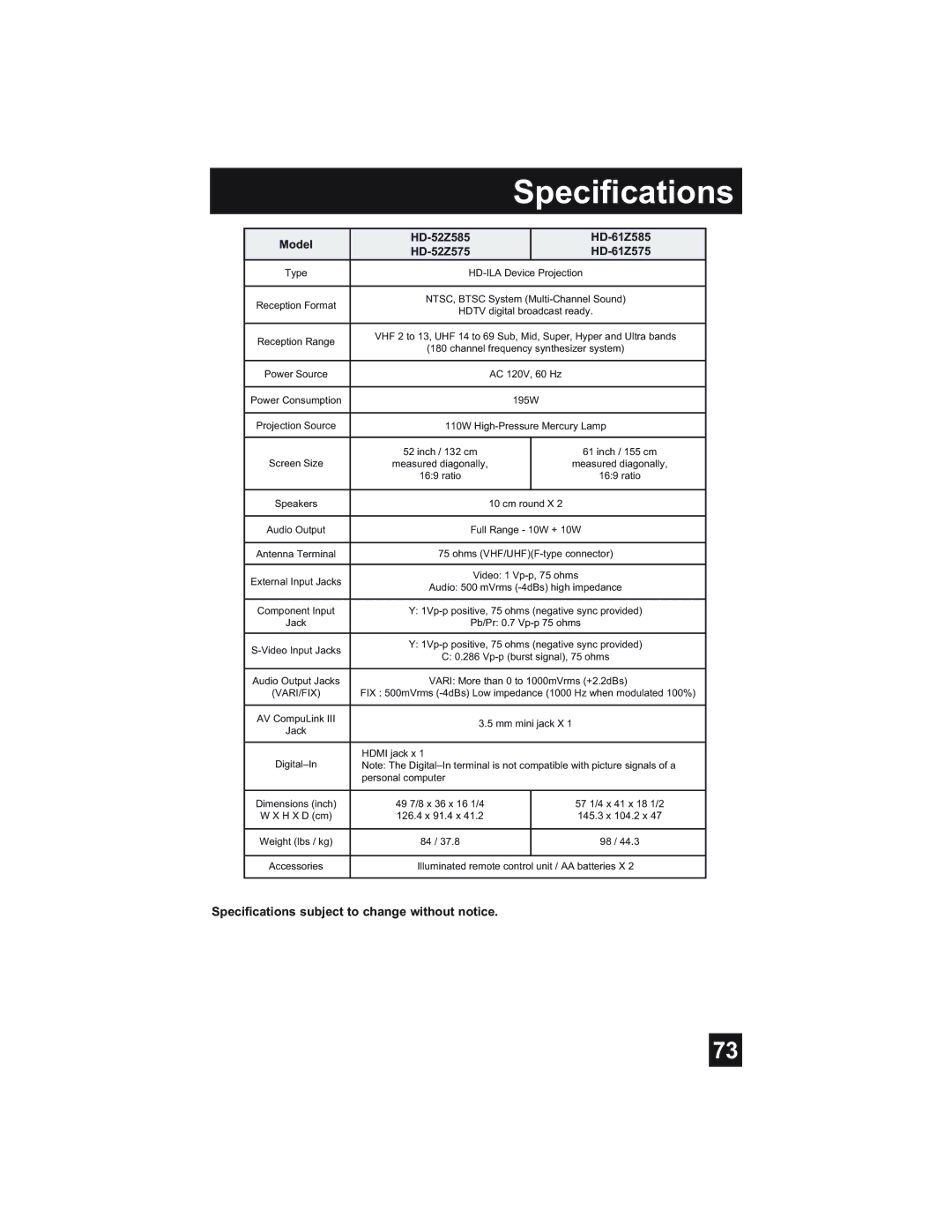 JVC HD-52Z585, HD-52Z575, HD-61Z585, HD-61Z575 manual Specifications subject to change without notice 