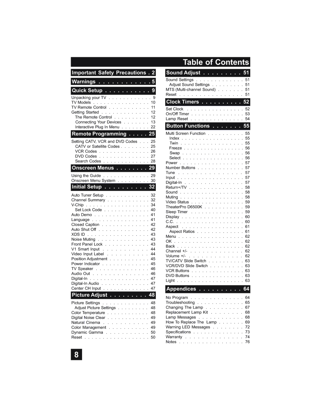 JVC HD-52Z575, HD-52Z585, HD-61Z585, HD-61Z575 manual Table of Contents 