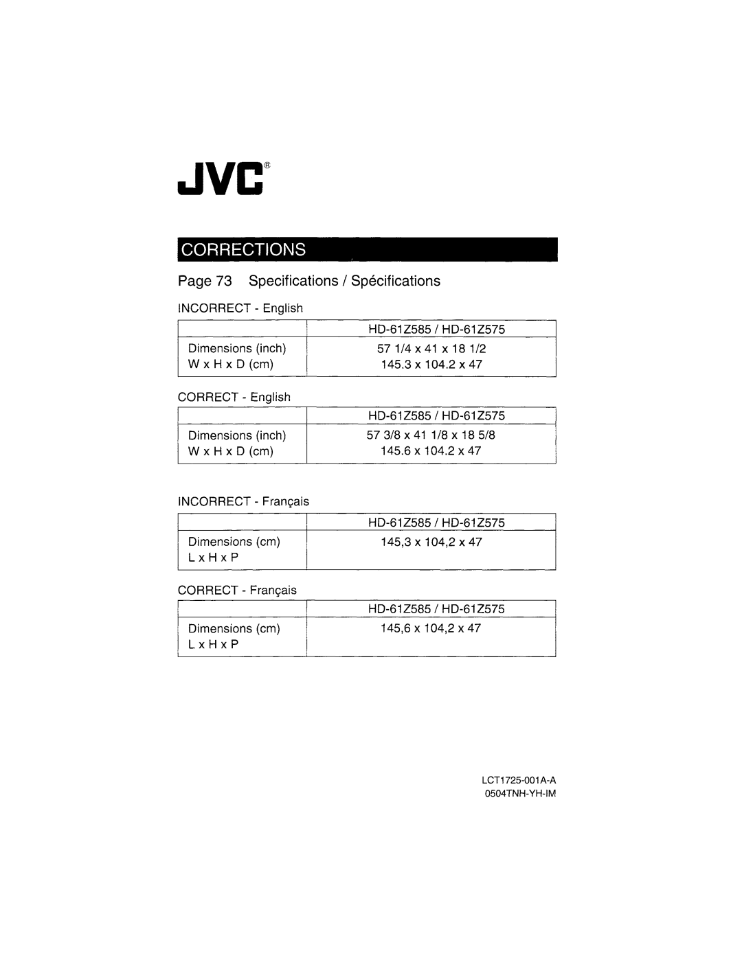 JVC HD-61Z585, HD-52Z575, HD-52Z585, HD-61Z575 manual 