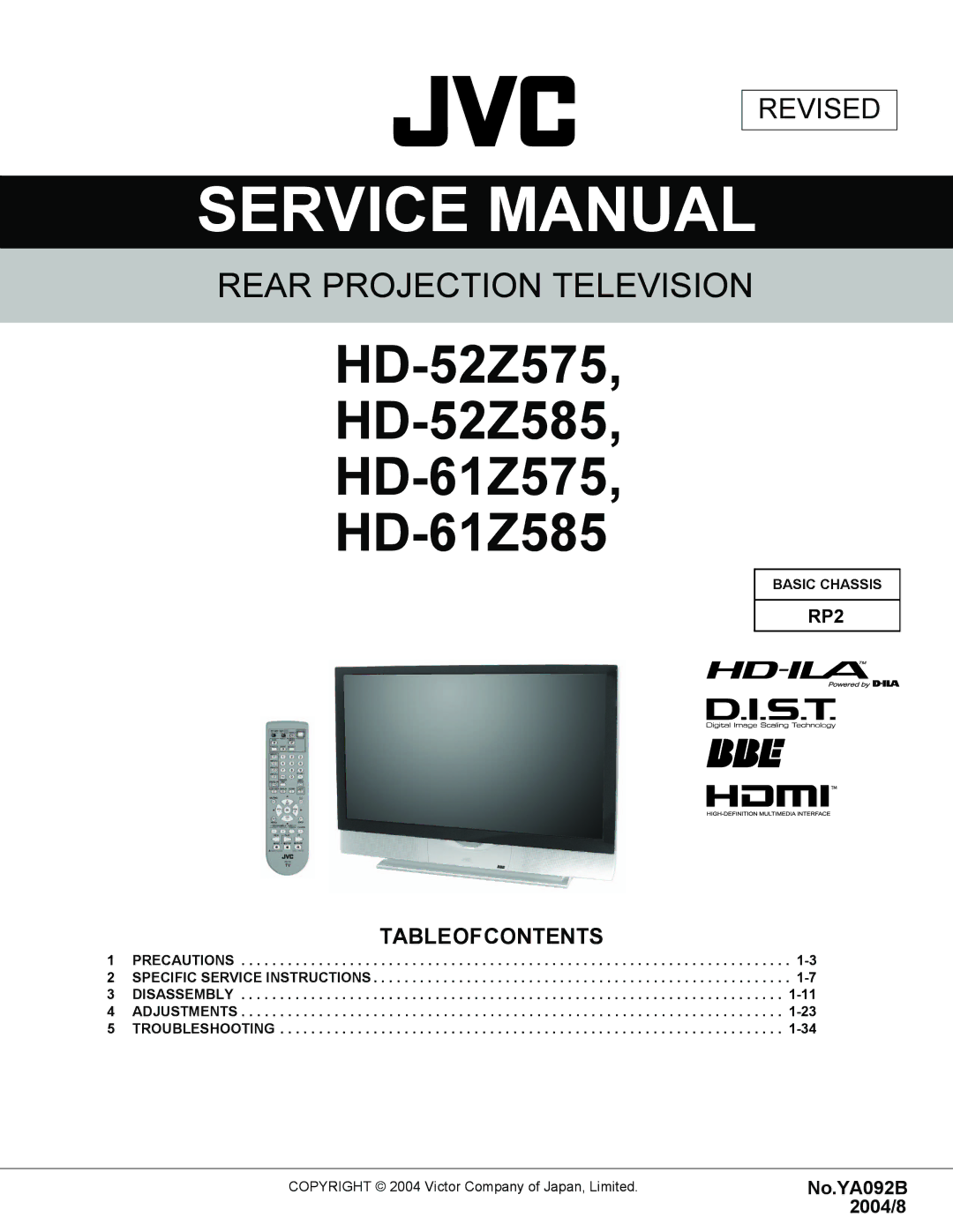 JVC service manual HD-52Z575 HD-52Z585 HD-61Z575 HD-61Z585, Tableofcontents 