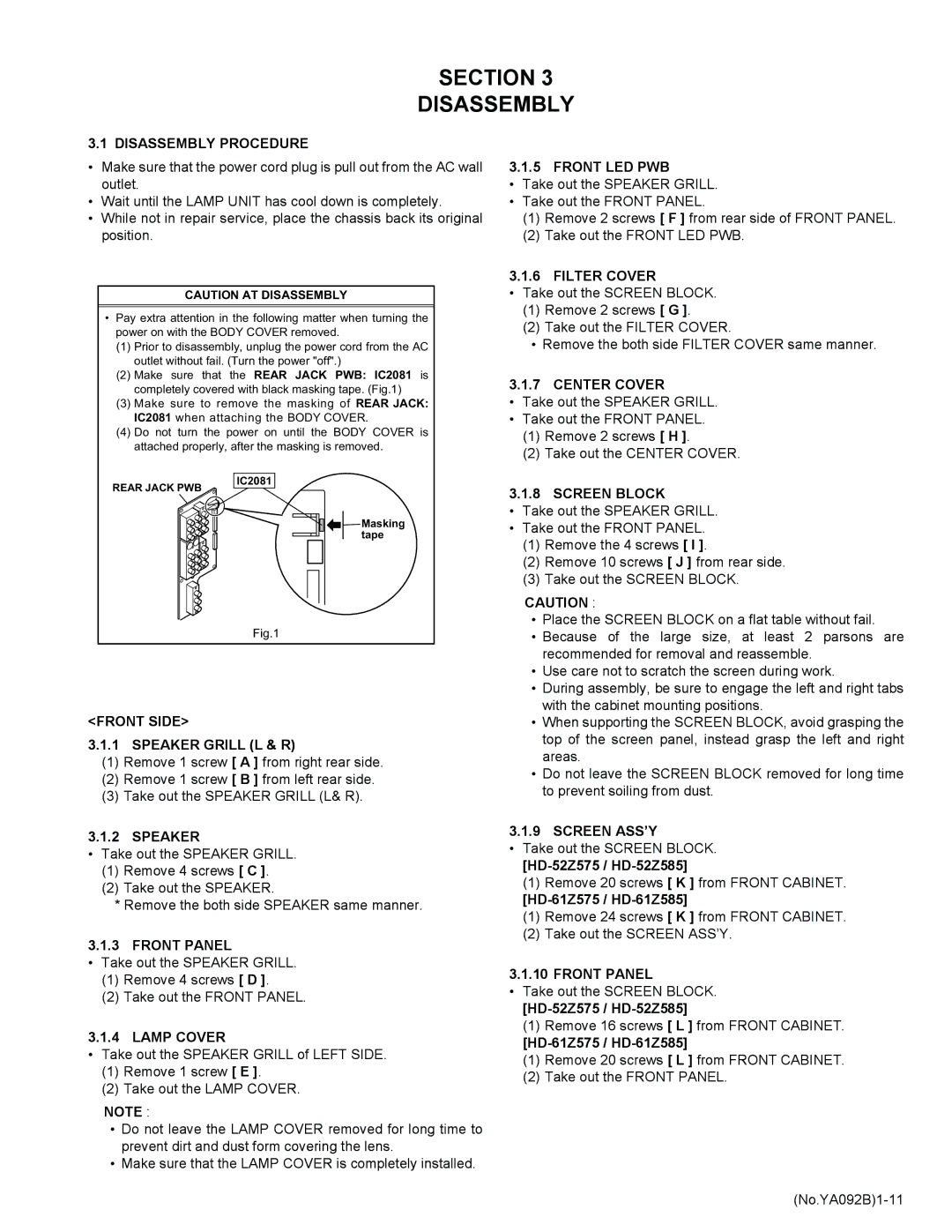 JVC HD-52Z575 service manual Section Disassembly 