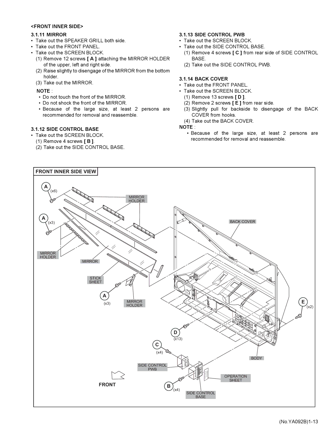 JVC HD-52Z575 Front Inner Side 3.1.11 Mirror, Side Control Base, Side Control PWB, Back Cover, Front Inner Side View 