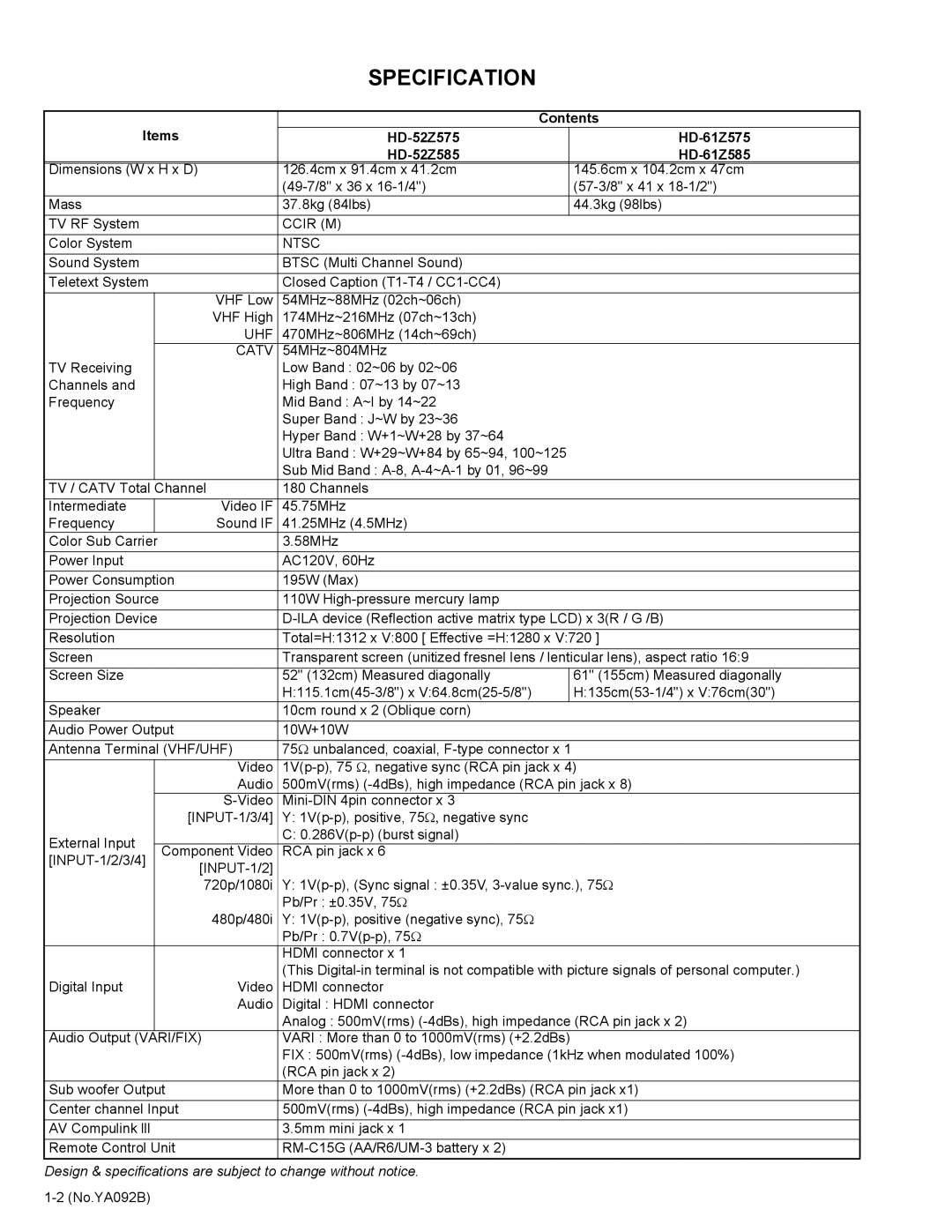 JVC service manual Specification, Items Contents HD-52Z575 HD-61Z575 HD-52Z585 HD-61Z585 