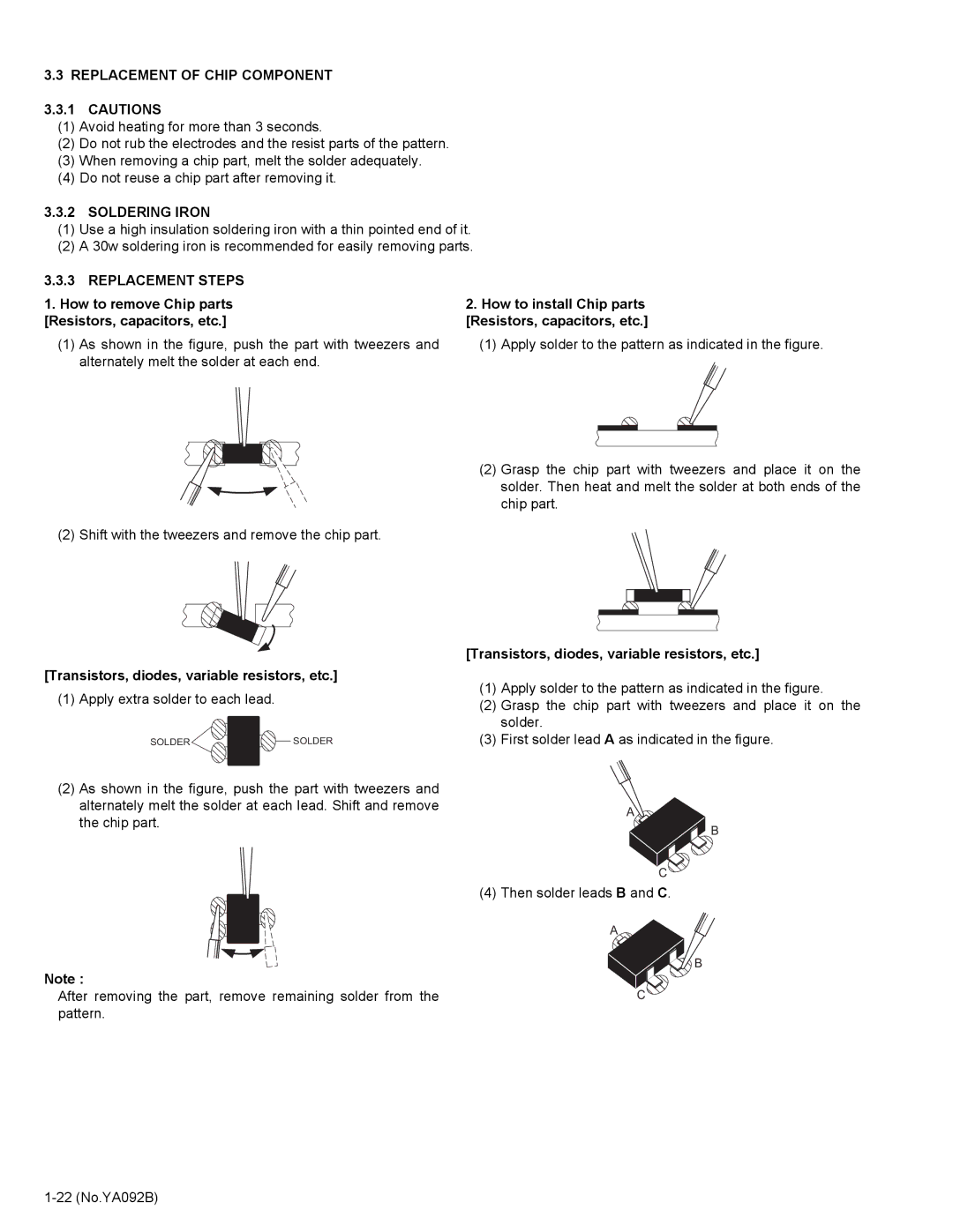 JVC HD-52Z575 service manual Replacement of Chip Component, Soldering Iron, Replacement Steps 