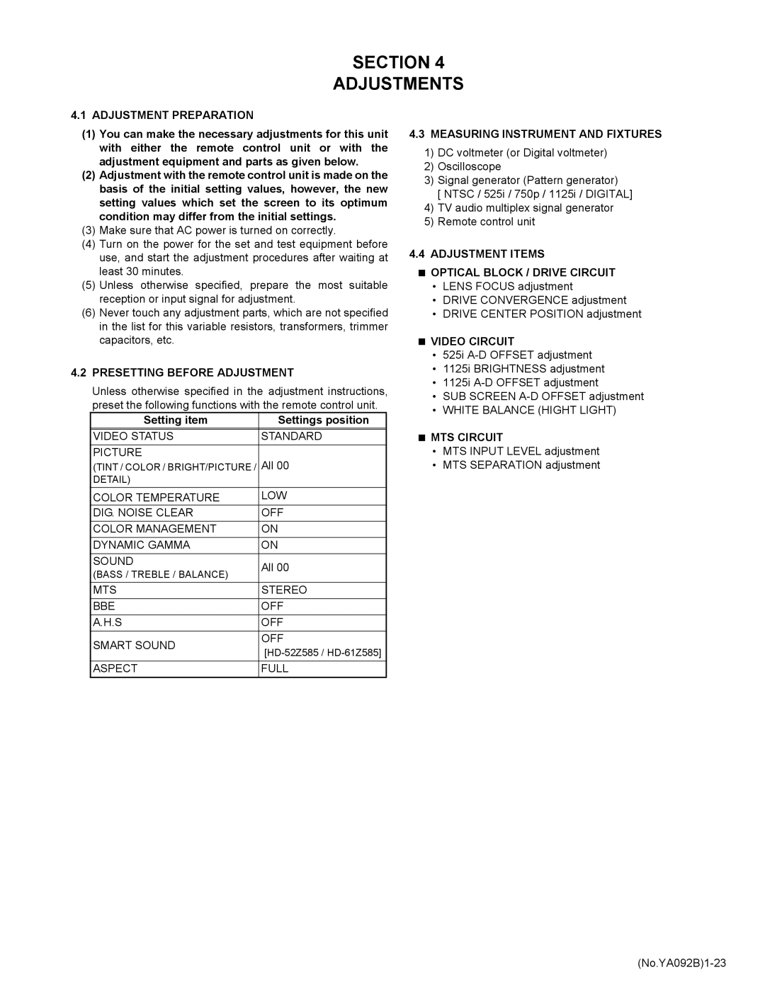 JVC HD-52Z575 service manual Section Adjustments 